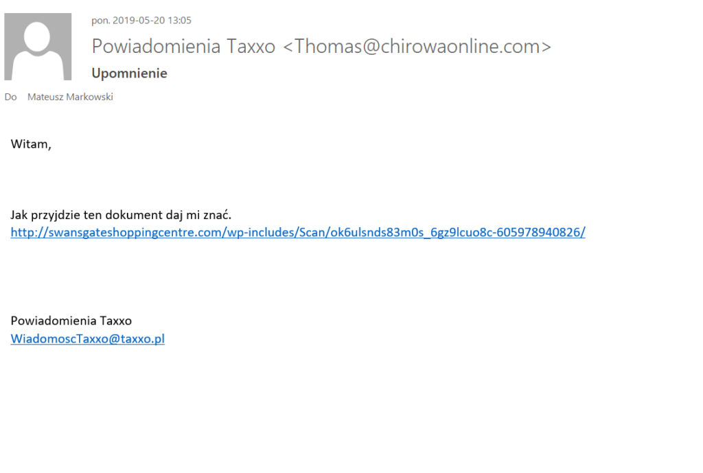 Fałszywa wiadomość e-mail podszywająca się pod Taxxo